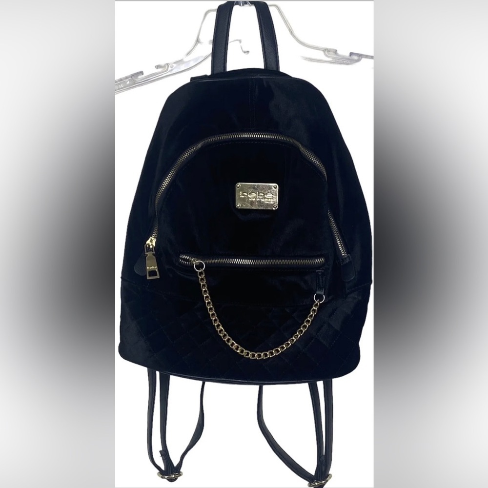 Bebe Women’s Black Gina Velvet Large Backpack Gold Tone Hardware Adjustable